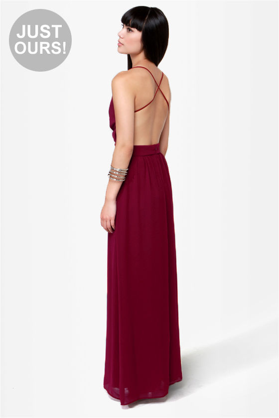 rare beauty burgundy backless maxi dress