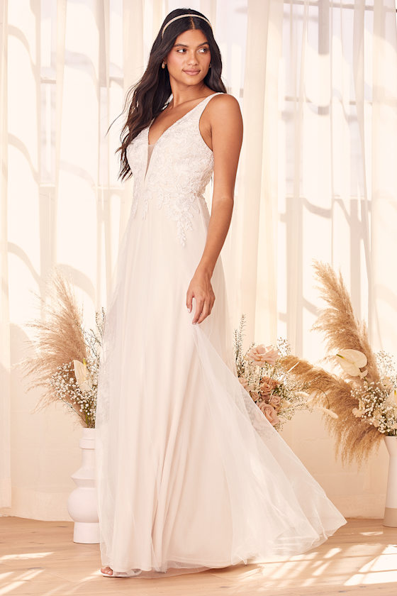 White Embroidered Dress - Tulle Maxi Dress - Sleeveless