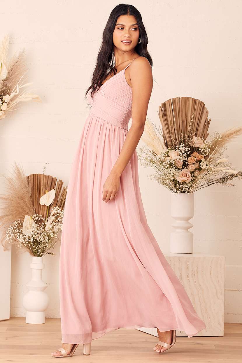 fitted lace wedding dress Light Rose Maxi Dress With Rhinestone Multi Strap Back