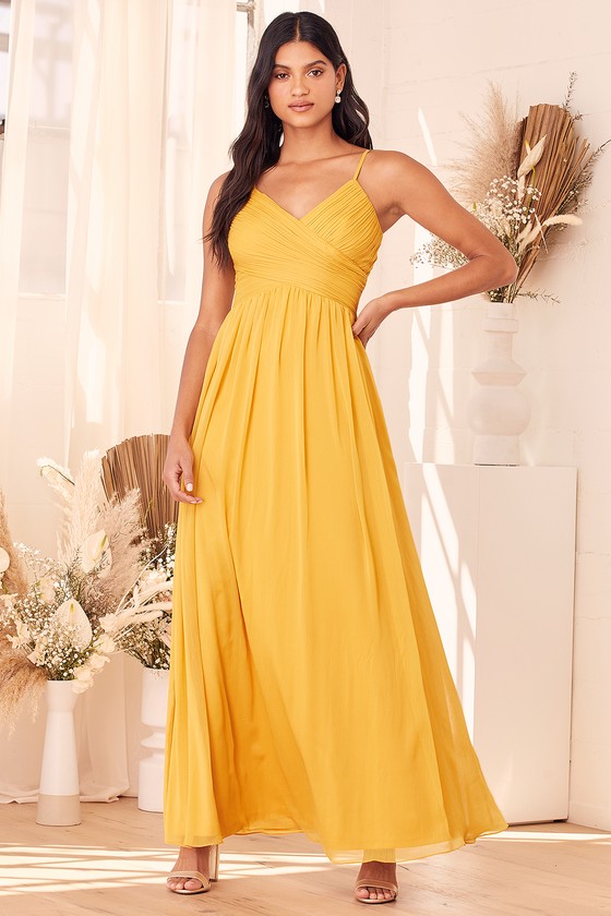 yellow pleated maxi dress
