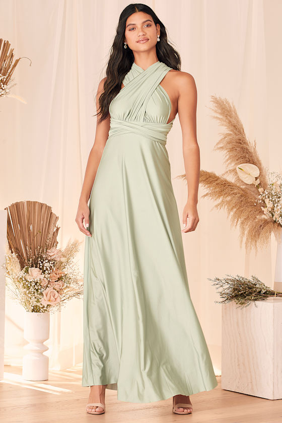 Truly A Fantasy Light Sage Green Satin Convertible Maxi Dress 2