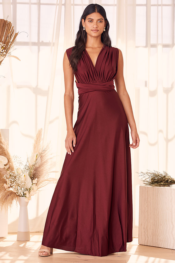 Truly A Fantasy Merlot Satin Convertible Maxi Dress 5