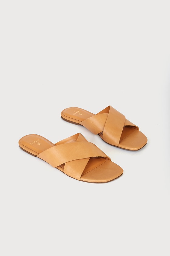 Tan Sandals - Genuine Leather Sandals - Slide Sandals - Lulus
