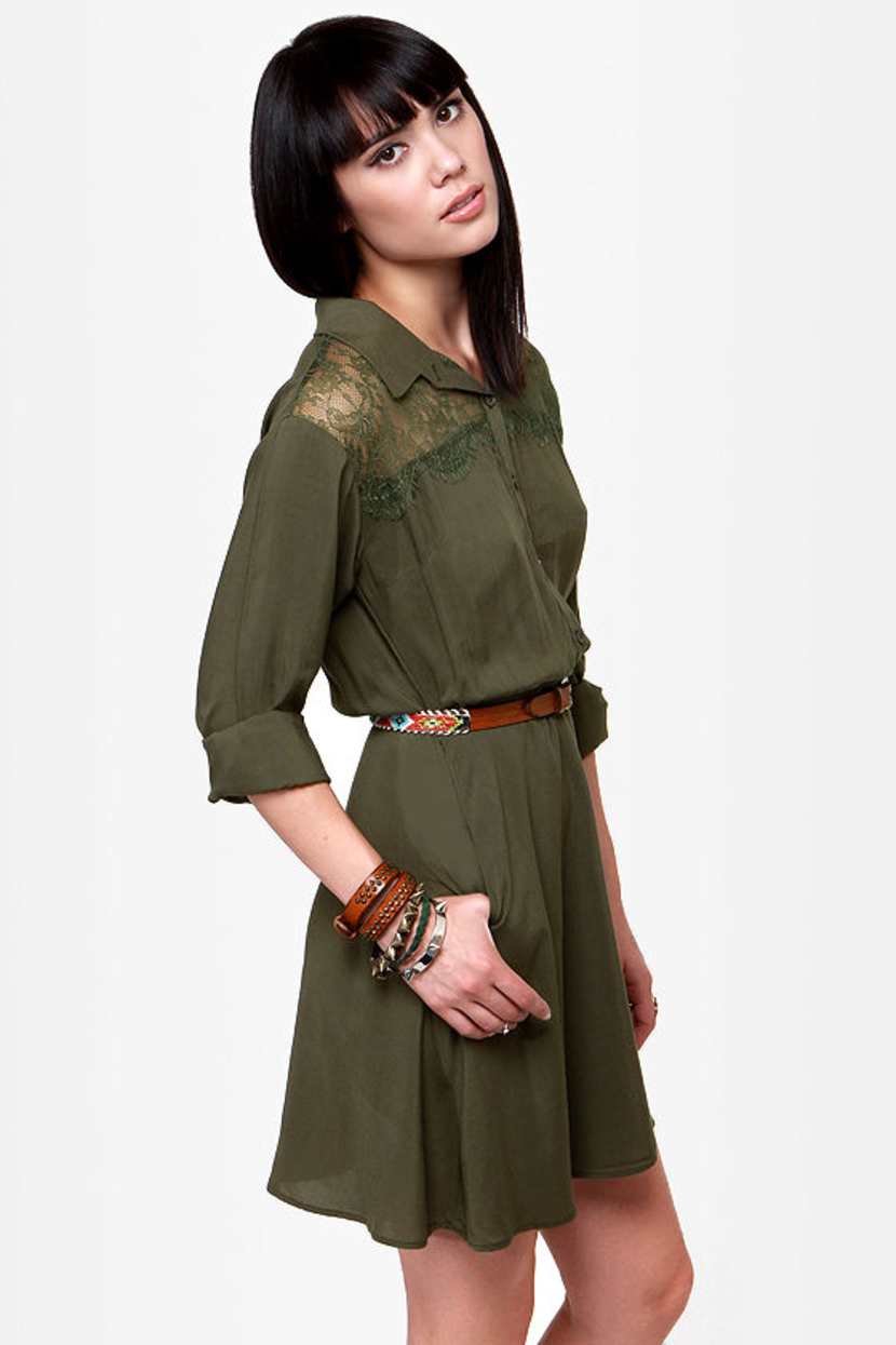 Cute Olive Green Dress - Shirt Dress - Long Sleeve Dress - $49.00 - Lulus