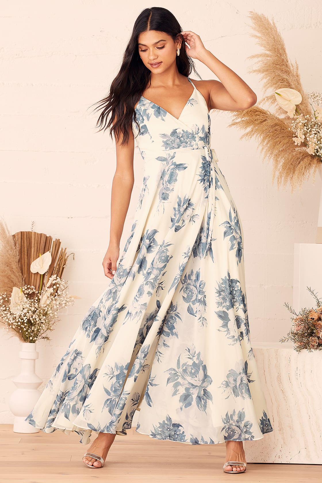 Elegantly Inclined Cream and Blue Floral Print Wrap Maxi Dress