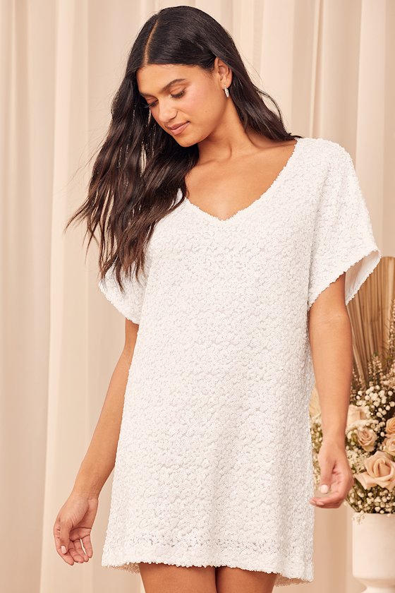 Let's Shine White Sequin Short Sleeve Shift Dress 8