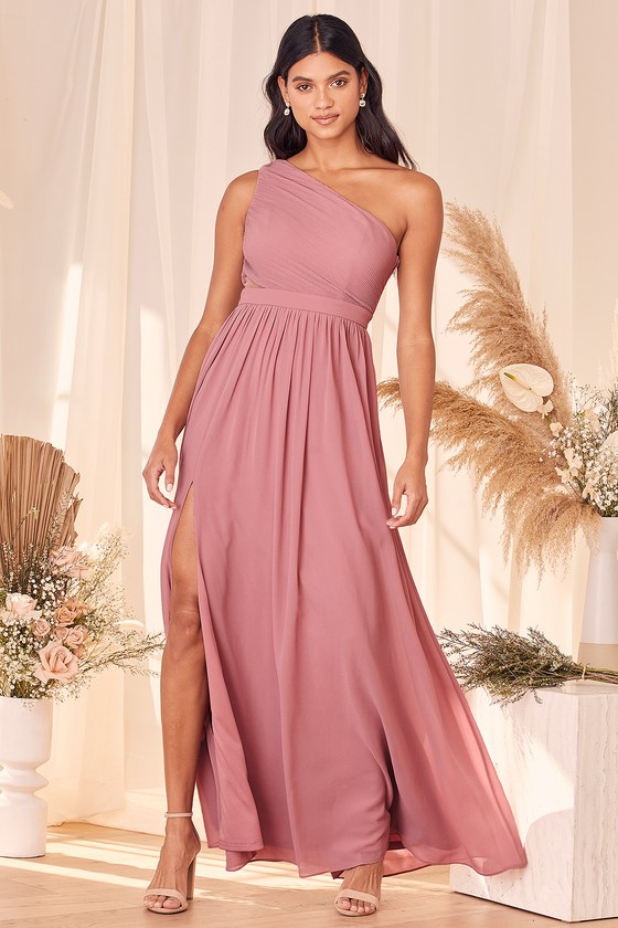 Lovely Endings Dusty Mauve One-Shoulder Pleated Maxi Dress