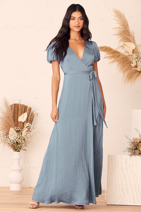 Always Tell Me Dusty Blue Satin Puff Sleeve Wrap Maxi Dress 1