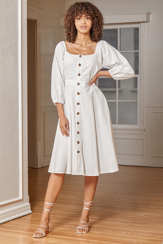 Happiest With You White Lace-Up Button-Front Midi Dress