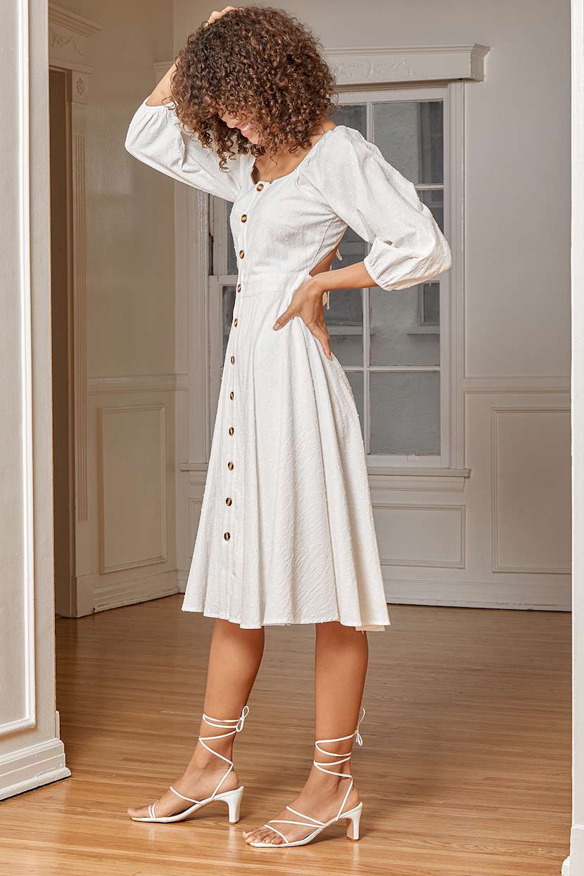 white strappy midi dress Ruched Bodice Strappy Midi Dress with Smocked Back and Gathered Skirt-  White