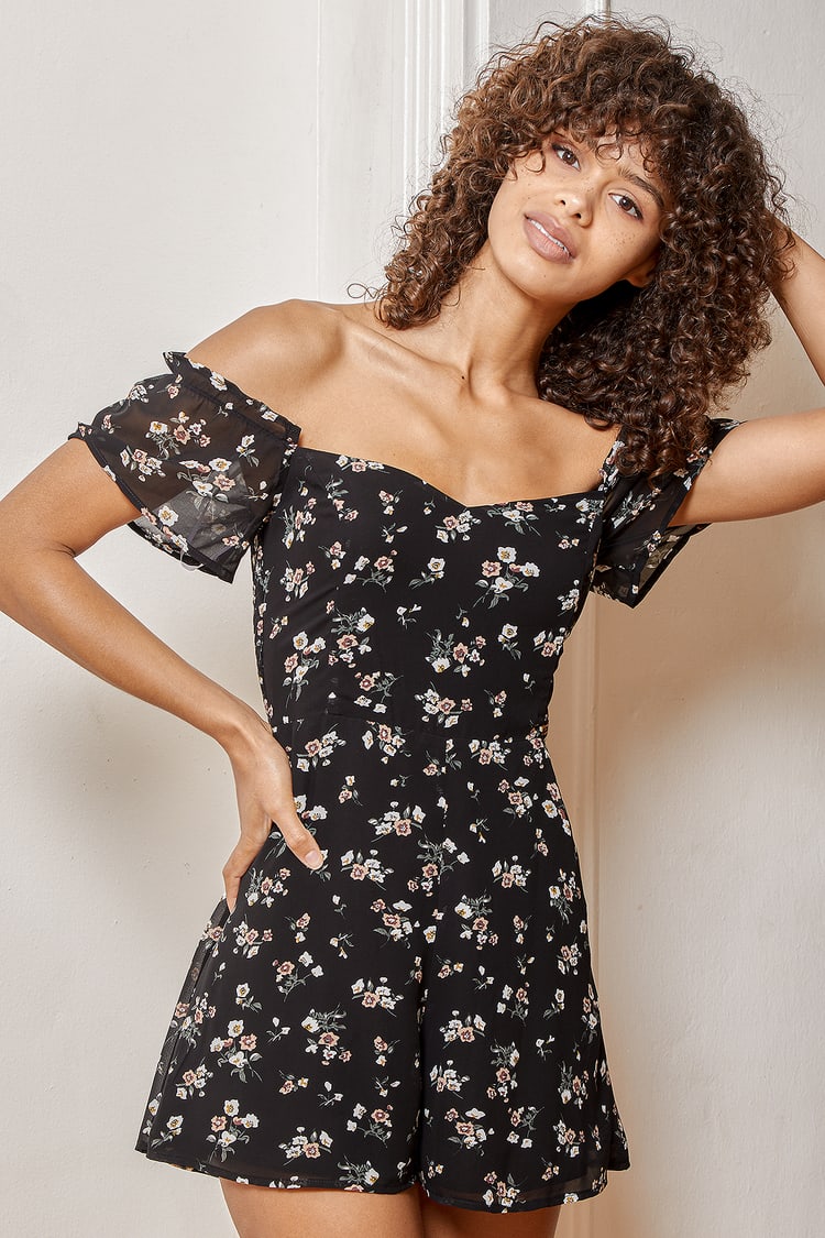 Black Floral Romper - OTS Romper - Short Sleeve Romper - Lulus