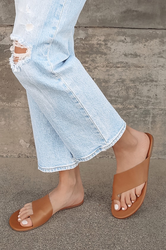 Genuine Leather Tan Sandals - Slide Sandals - Leather Sandals - Lulus
