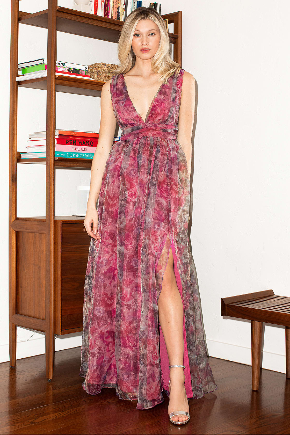 Garden Romance Magenta Floral Print Organza Maxi Dress