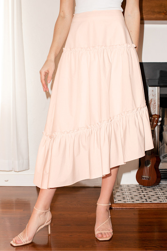 Tier Worthy Pale Pink Asymmetrical Tiered Ruffled Midi Skirt 5