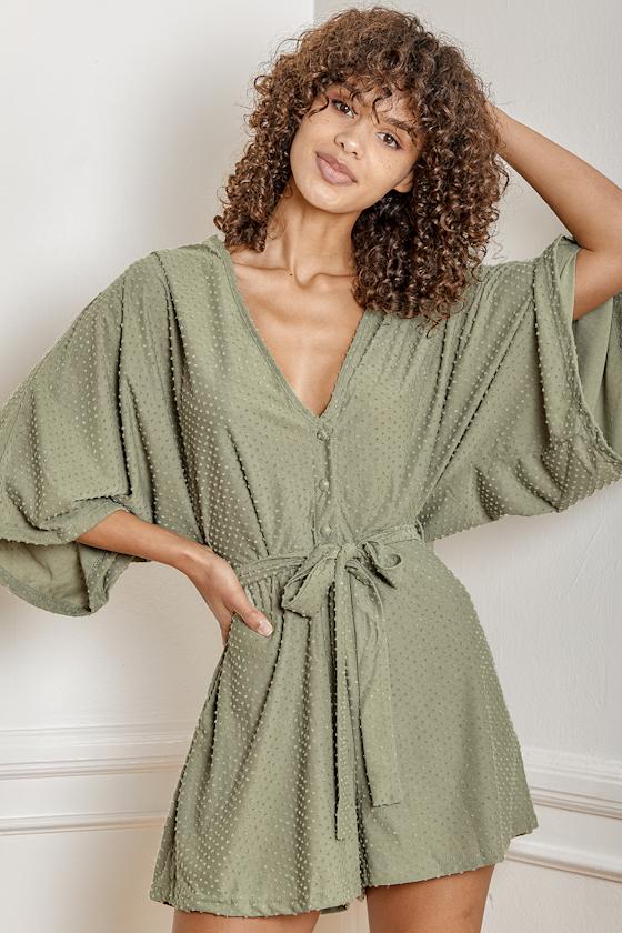 Green Romper Swiss Dot Romper ThreeQuarter Sleeve Romper Lulus