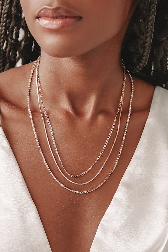 Minimal Layers 18KT Gold Rhinestone Layered Necklace Set 2