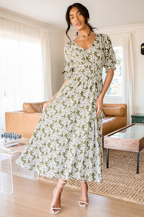 green emerald velvet dress On The Trails Sage Green Floral Midi Dress  Shop the Mint