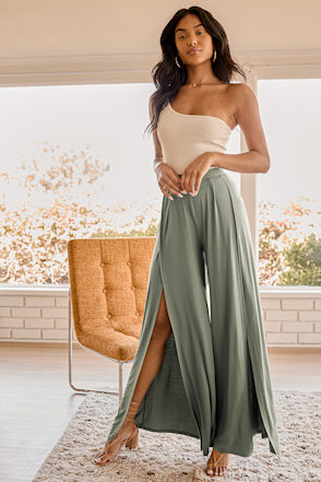 Sage Green Wide-Leg Pants - Tulip Hem Pants - High Waist Pants - Lulus