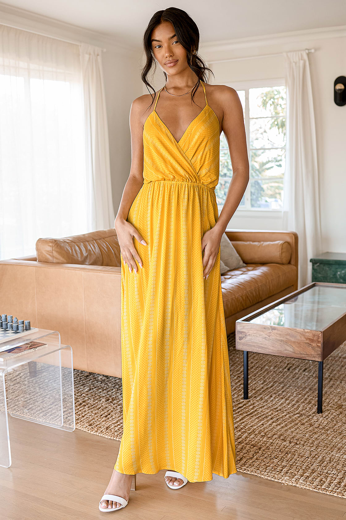 Bayside Breeze Yellow Multi Print Halter Maxi Dress