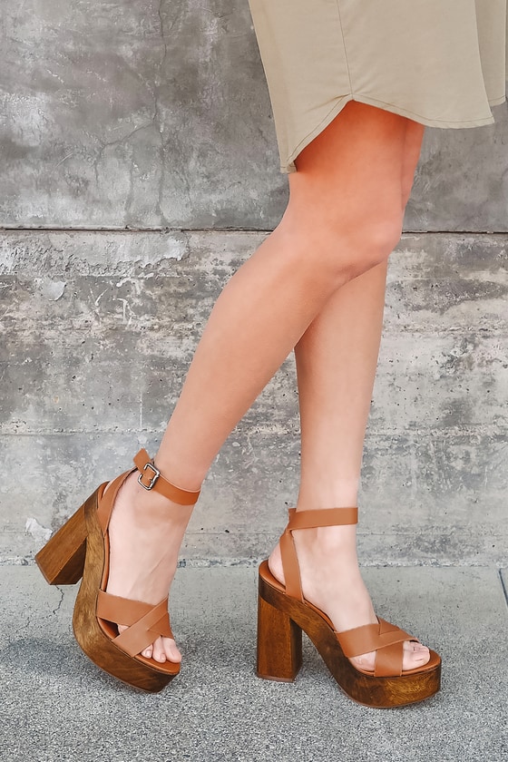 Lulus Laurel Cognac Vachetta Leather Platform Sandal Heels In Brown