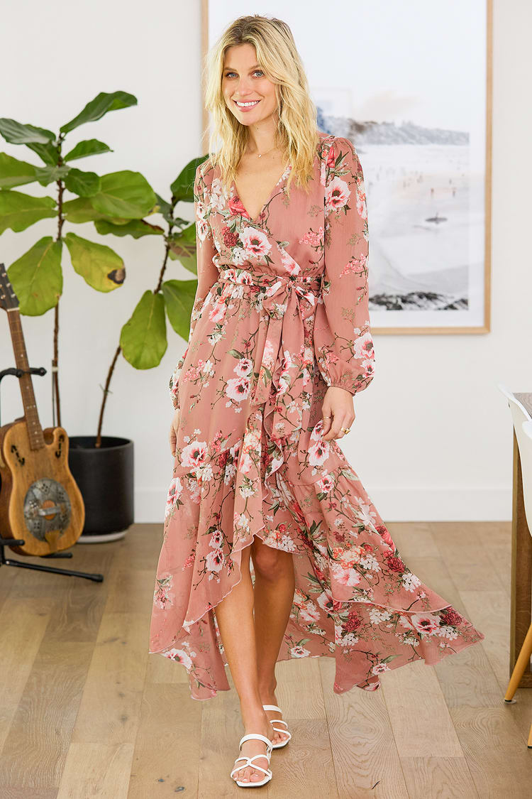 Blush Floral Print Dress - High-Low Dress - Wrap Dress - Lulus