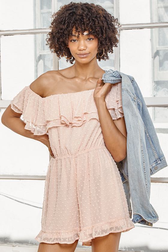 Pink Swiss Dot Romper - Flounce Romper - White Ruffled Romper - Lulus