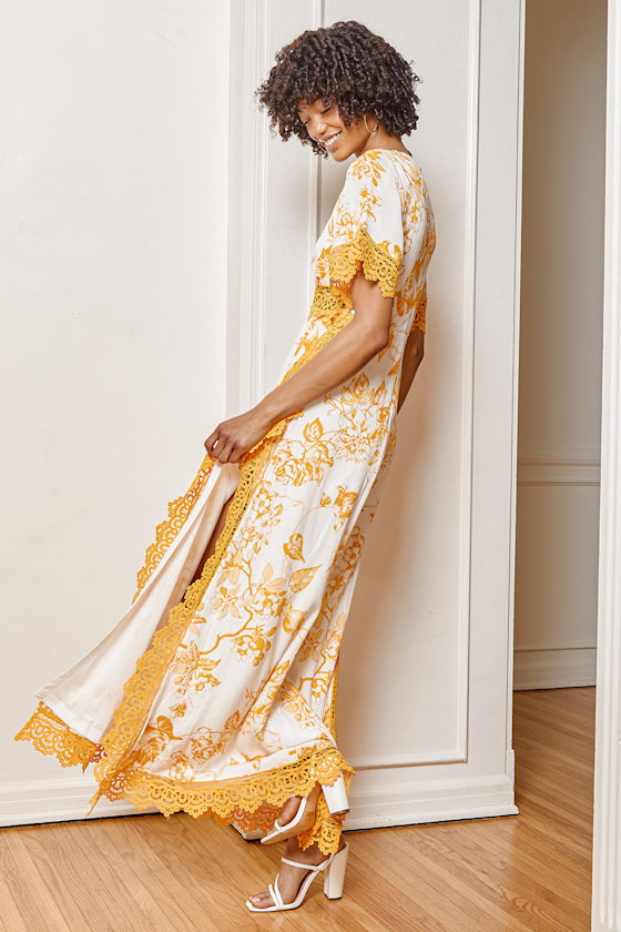 Yellow Floral Maxi Dress Crochet Lace Dress Lace Maxi Dress Lulus