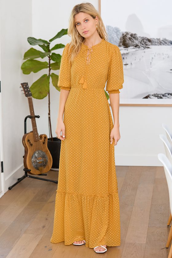 Golden Yellow Maxi Dress - Ruffled Dress - Dotted Maxi Dress - Lulus