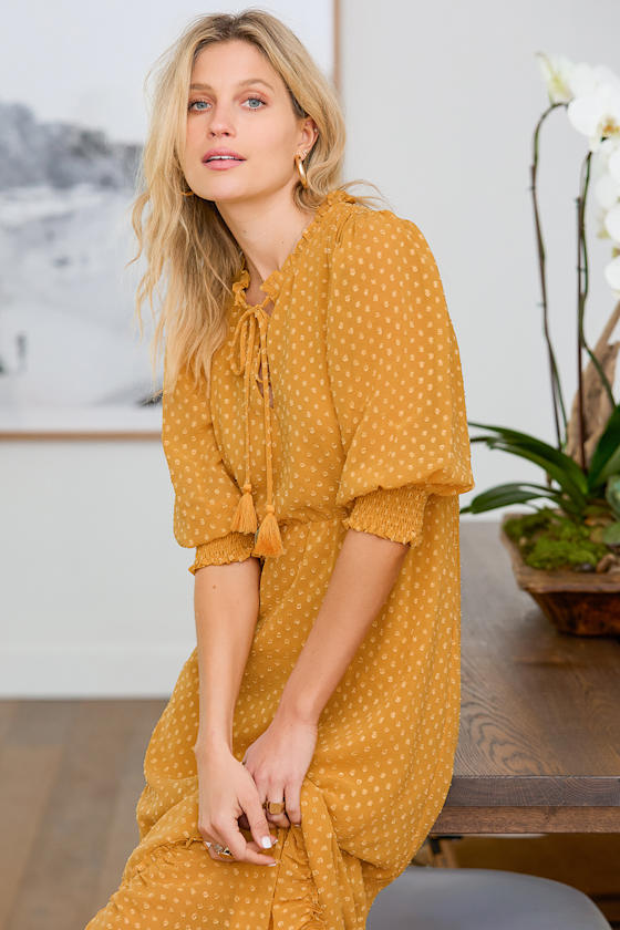 Golden Yellow Maxi Dress - Ruffled Dress - Dotted Maxi Dress - Lulus