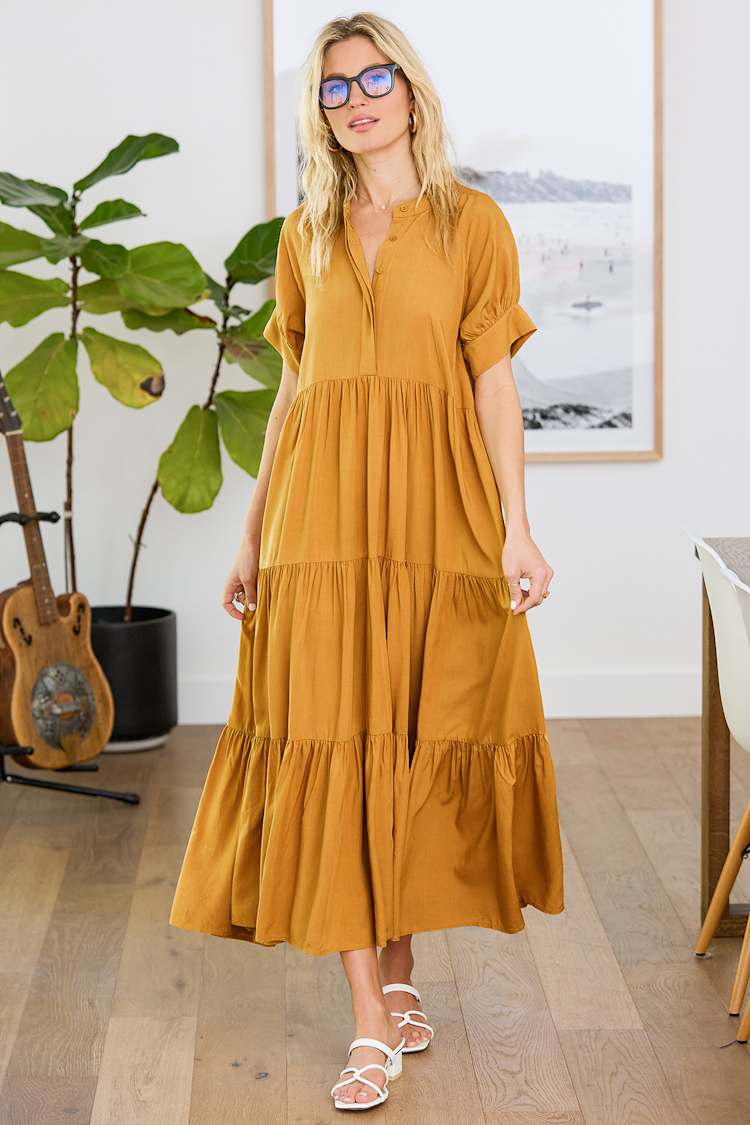 Mustard Yellow Maxi Dress - Tiered Maxi Dress - Short Sleeve Maxi