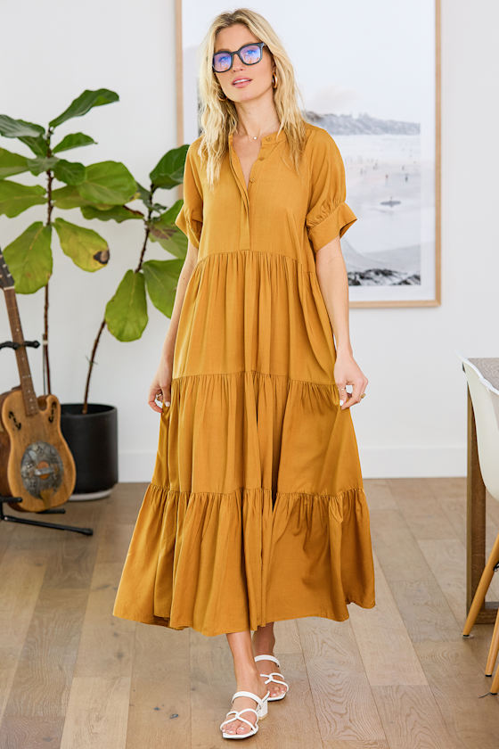 New Beginnings Mustard Yellow Short Sleeve Tiered Maxi Dress 1