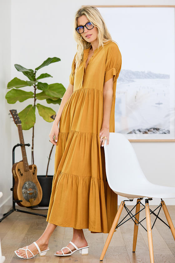 New Beginnings Mustard Yellow Short Sleeve Tiered Maxi Dress 6
