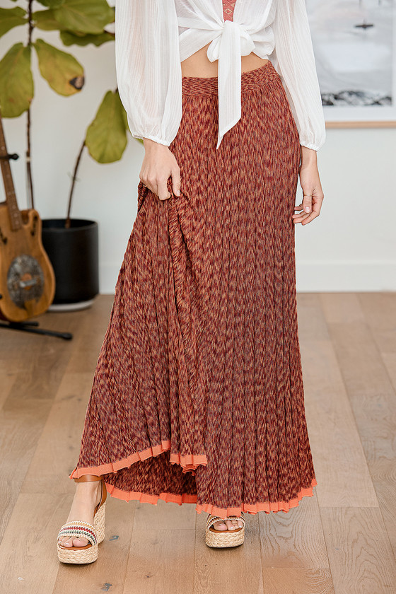 Gold Coast Orange Multi Print Knit Maxi Skirt