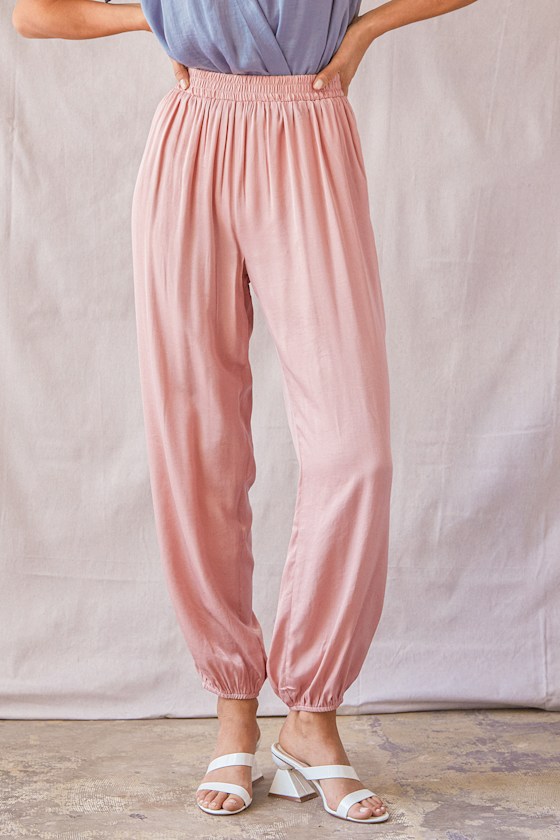 Blush Pink Joggers Satin Jogger Pants Satin Joggers Lulus