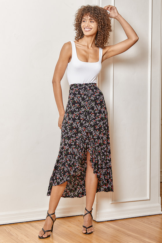 Black Floral Midi Skirt - Ruffled Skirt - High Waisted Skirt - Lulus