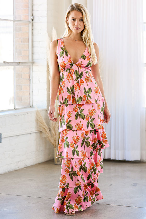 Party in Palm Springs Pink Floral Print Satin Tiered Maxi Dress 6