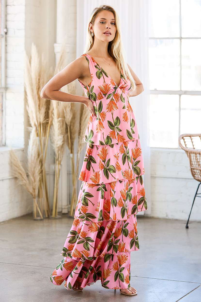 Pink Floral Print Dress - Tiered Maxi Dress - Sleeveless Dress - Lulus