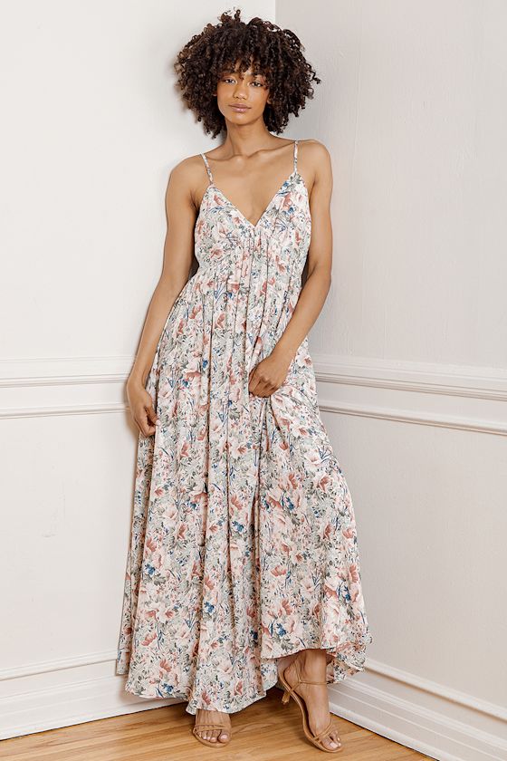 Blush Floral Print Dress VNeck Dress Empire Waist Maxi Dress Lulus
