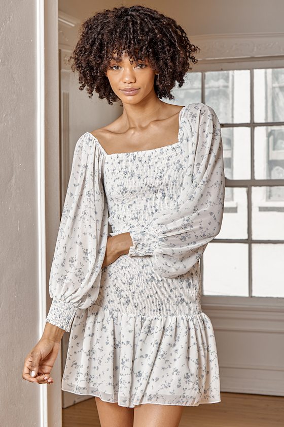 Ivory Floral Print Dress - Smocked Mini Dress - Long Sleeve Dress - Lulus