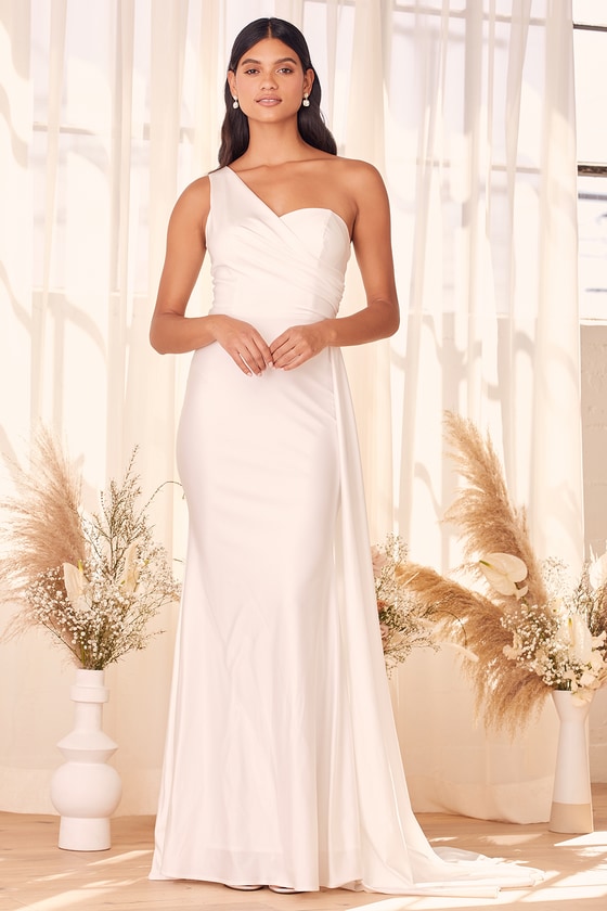 One-Shoulder Maxi Dress - Asymmetrical Bridal Dress - White Gown - Lulus