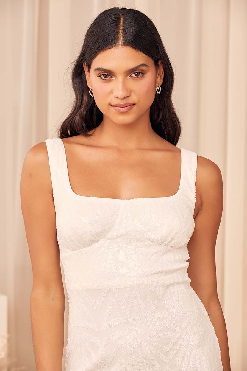 white sequin square neck mini dress sparkly white dress short Marbella Sequin Embellished Scoop Neck Mini Dress White