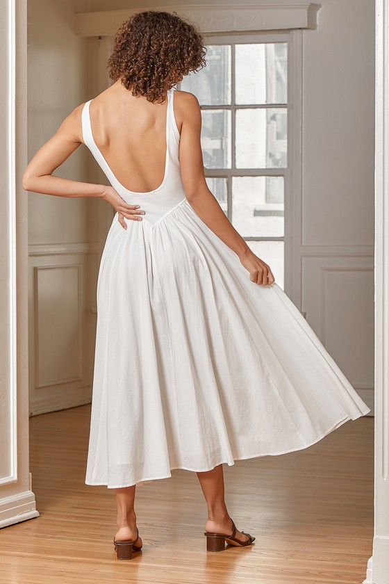 White Linen Midi Dress - Cotton Midi Dress - Scoop Neck Dress - Lulus