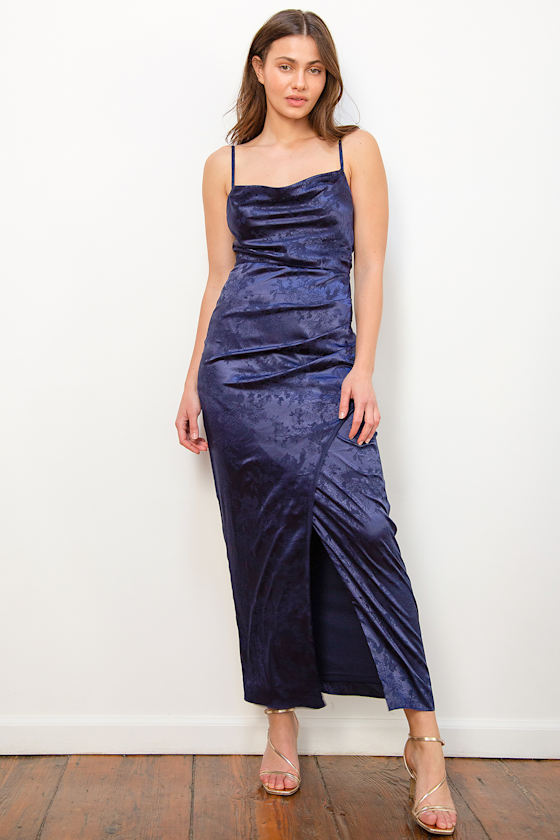 Under the Moonlight Navy Blue Satin Jacquard Maxi Dress 2