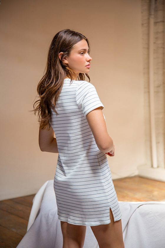 Start a Trend White Striped Ribbed T-Shirt Dress 5