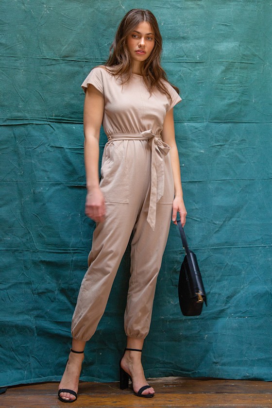 On A Road Trip Taupe Short Sleeve Jumpsuit 1
