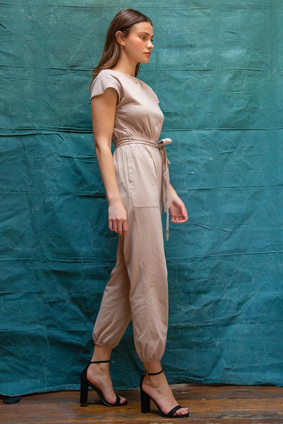 On A Road Trip Taupe Short Sleeve Jumpsuit 2