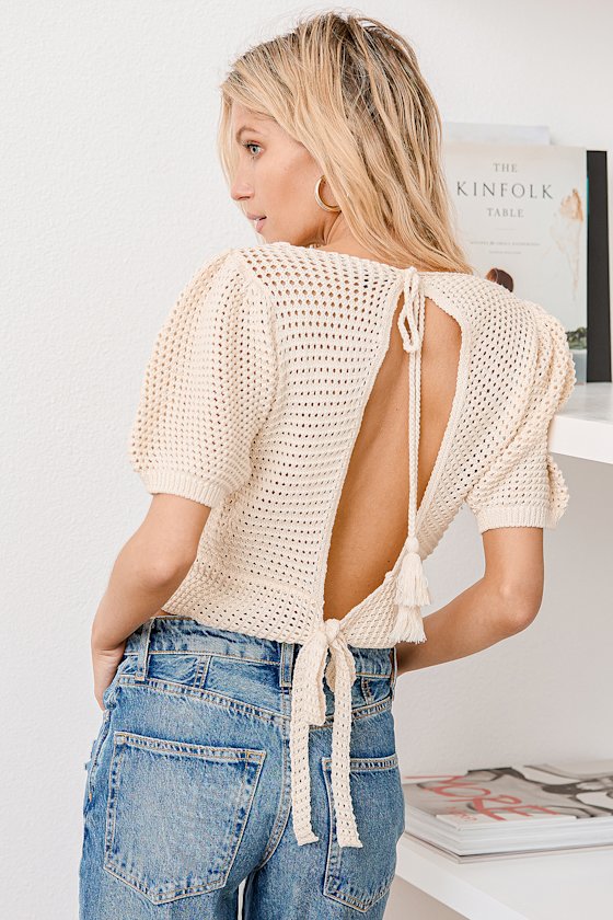Gotta Be Me Cream Crochet Button-Up Puff Sleeve Tie-Back 1
