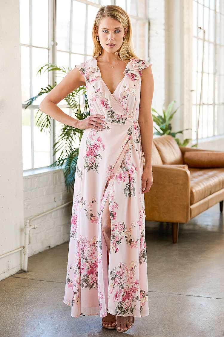 fitted lace wedding dress Laraline Blush Puff Sleeve Maxi Dress with Floral Embroidery – Frock and  Frill main image 0