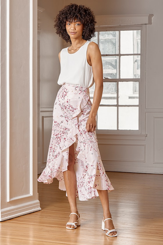 Romance is Blooming Blush Pink Floral Print Ruffled Midi Skirt 7