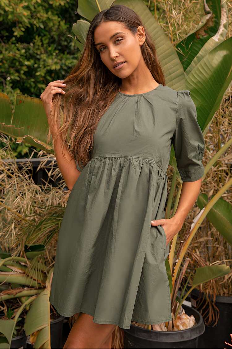 Sage Green Babydoll Dress - Puff Sleeve Dress - Cotton Mini Dress - Lulus Sage Green Babydoll Dress - Puff Sleeve Dress - Cotton Mini Dress - Lulus